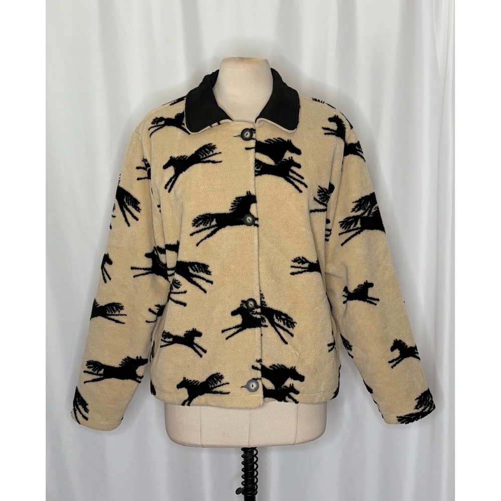 TSUNAMI Equestrian Horse Print Fleece Jacket Faux Suede Trim Buttons Large - Picture 3 of 13